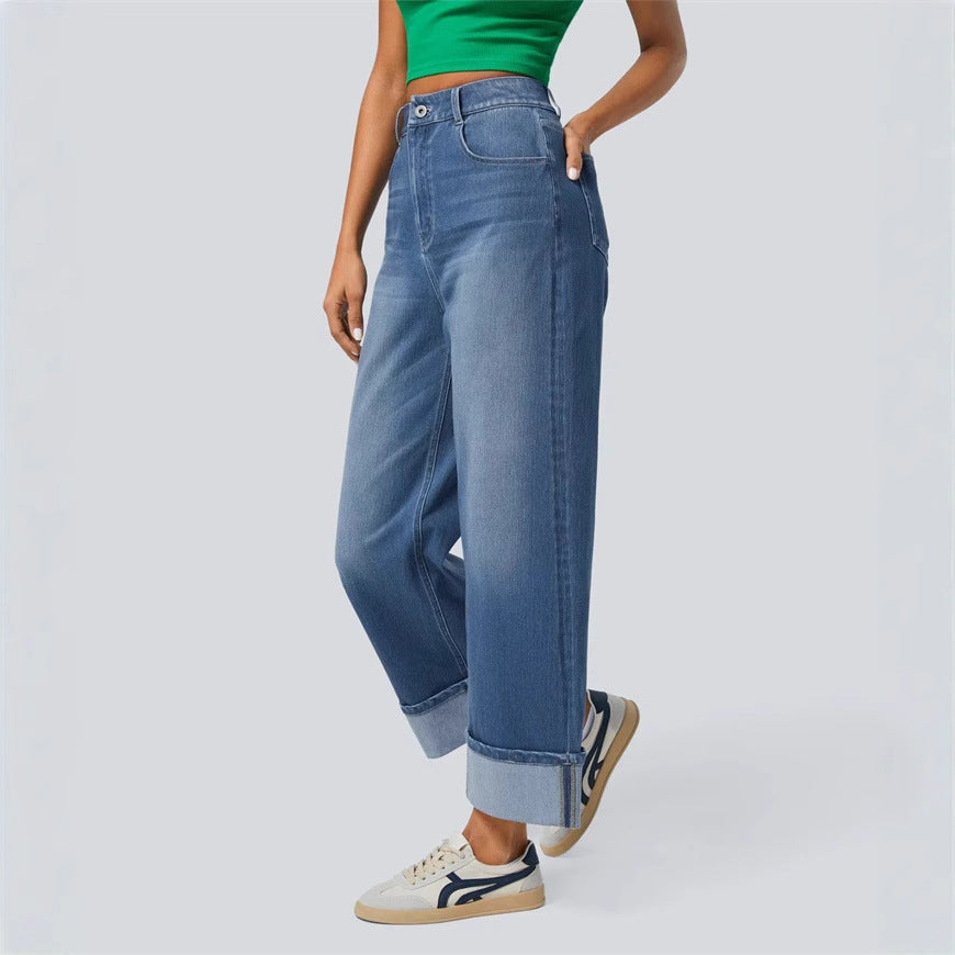 Damen Weite Denim-Hose Umschlag-Saum Blau Eveloria