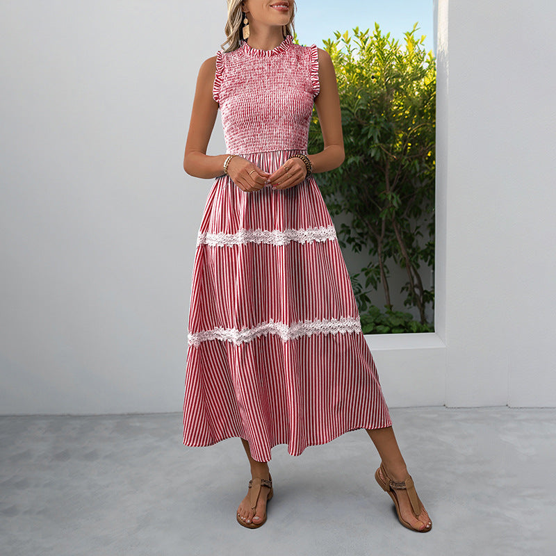 Damen Maxikleid Gestreift Voluminöse Rüschen Weiss