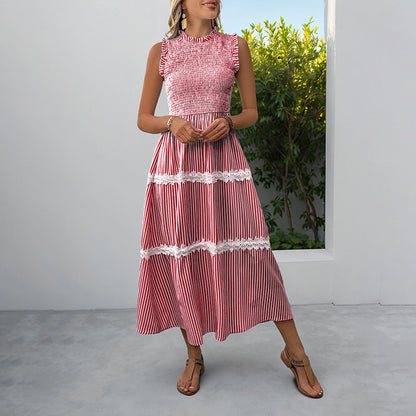 Damen Maxikleid Gestreift Voluminöse Rüschen Weiss