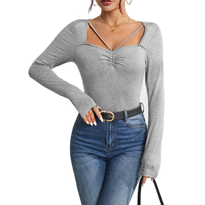 Damen Langarm-Bodysuit V-Ausschnitt mit Schulterdetails