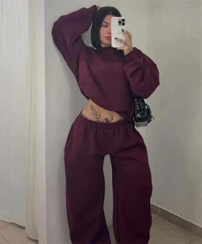 Damen Sweatshirt Set Cropped Oberteil Weite Jogginghosen Grau