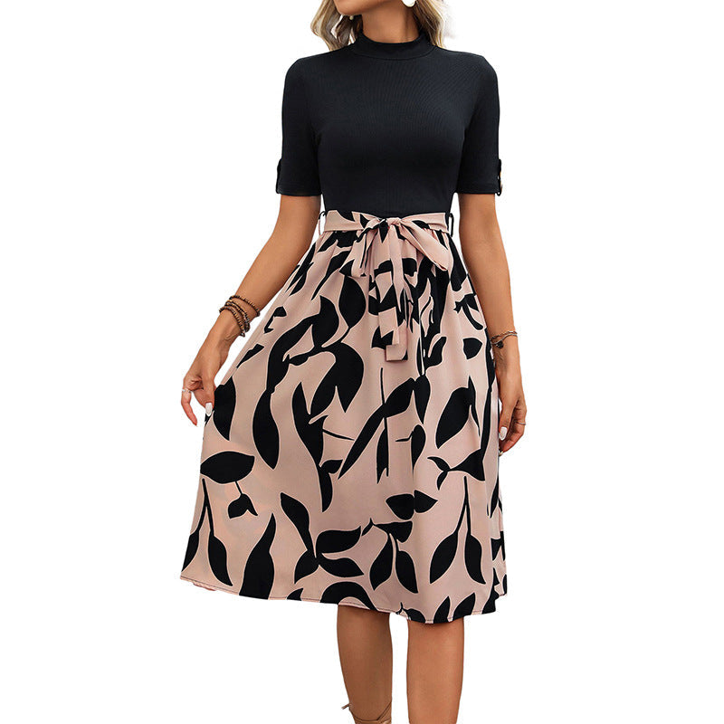 Damen Midi-Kleid Floralmuster Taillengürtel Eveloria