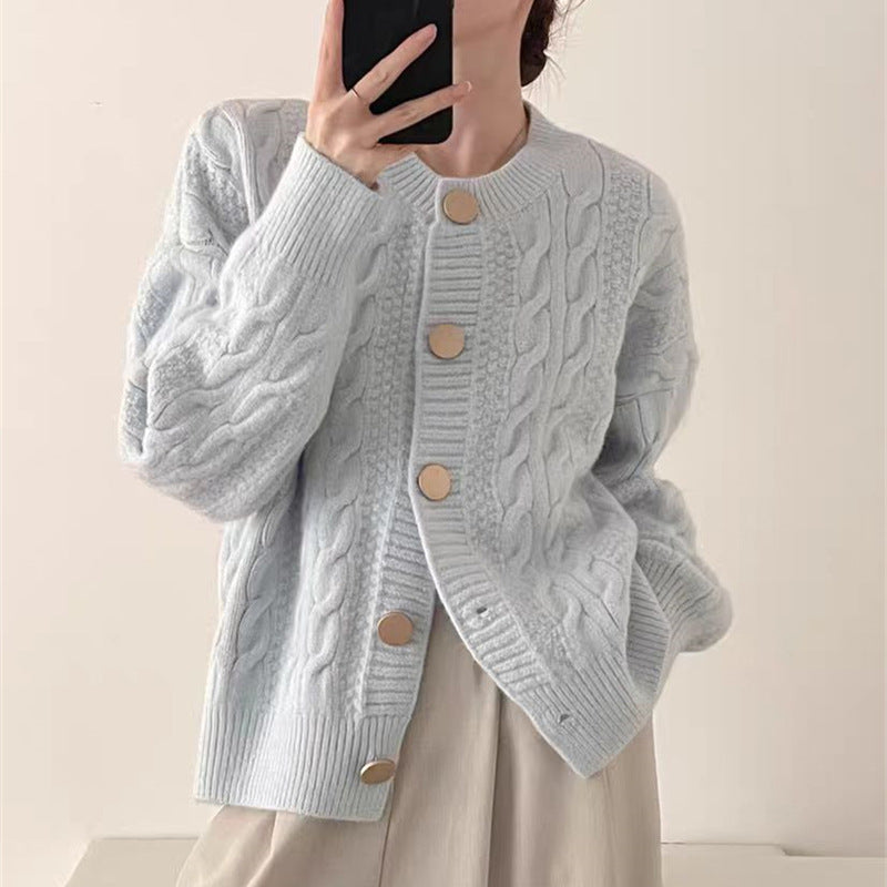 Damen Strickjacke Kabelmuster Große Knöpfe Beige