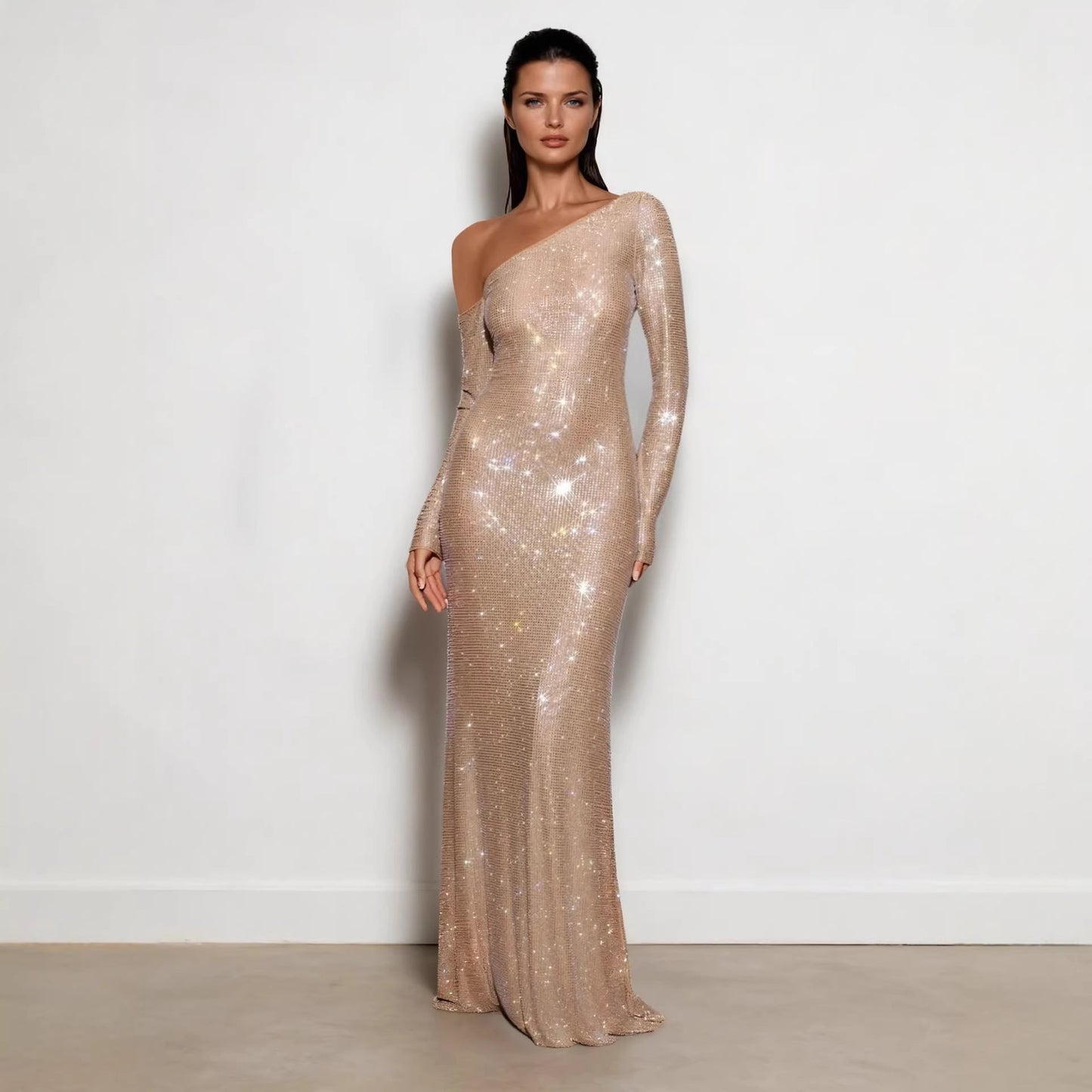 Damen Abendkleid mit Paillettenbesatz Asymmetrischer Ausschnitt