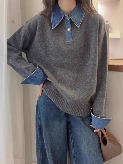 Damen Pullover Weiches Material Mit Hemdkragen Beige