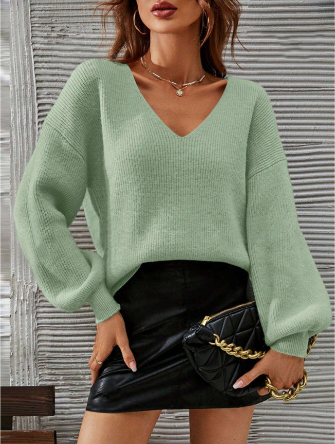 Damen Pullover V-Ausschnitt Lässige Passform Ballonärmel