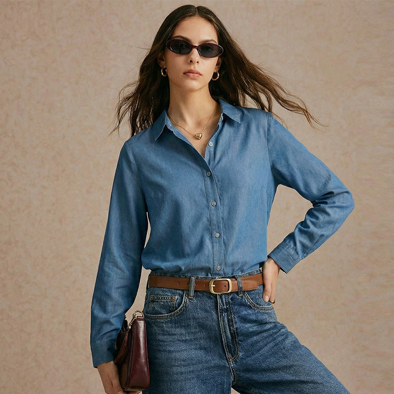 Damen Denim Bluse Knopfleiste Modischer Schnitt Blau Eveloria - Eveloria