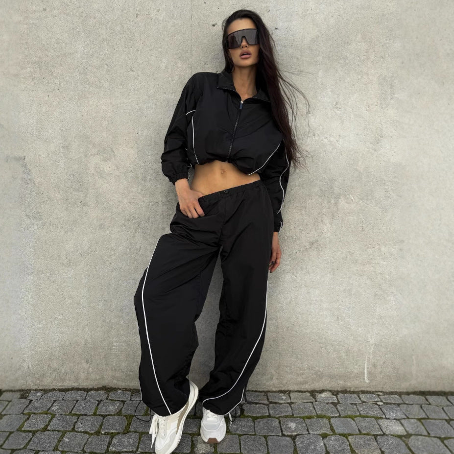 Damen Sportjacke Cropped Reißverschluss Elastisch Schwarz - Eveloria