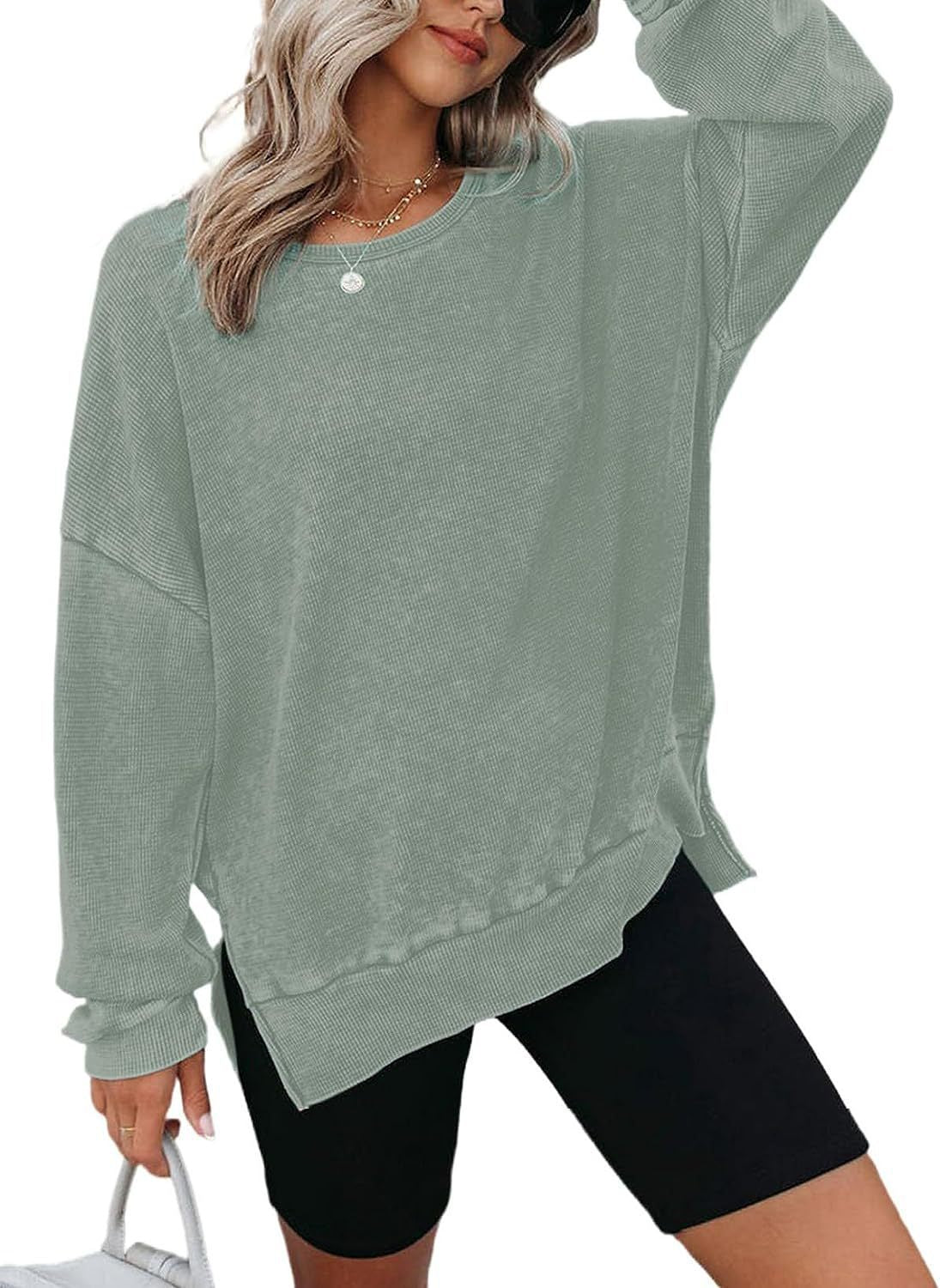 Damen Waffelpullover Lässig Mit Seitenschlitzen Grau Eveloria