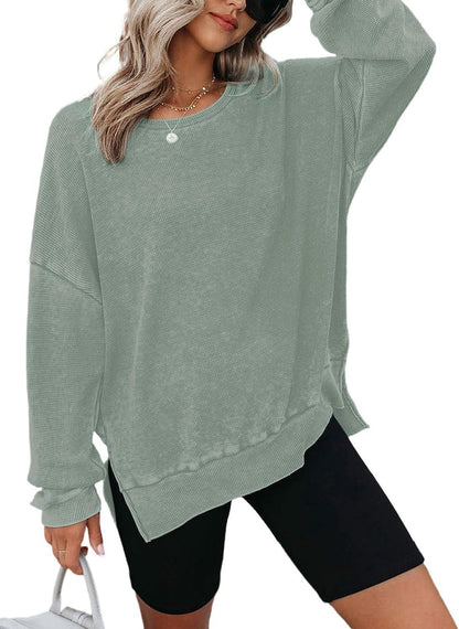 Damen Waffelpullover Lässig Mit Seitenschlitzen Grau Eveloria