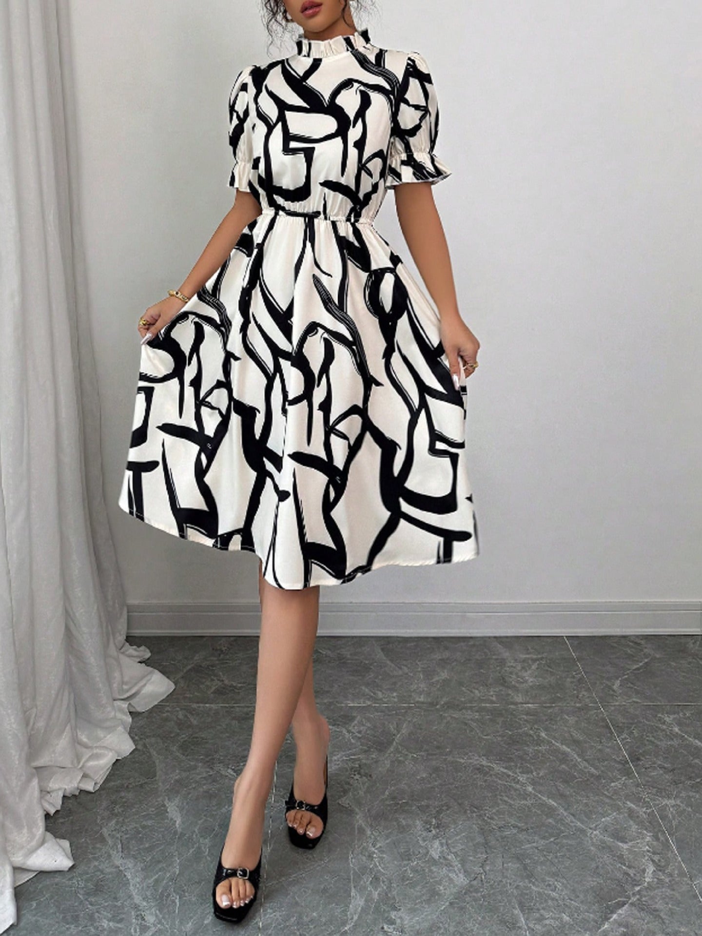 Damen Midi-Kleid Pflanzenmuster Gummizug Eveloria