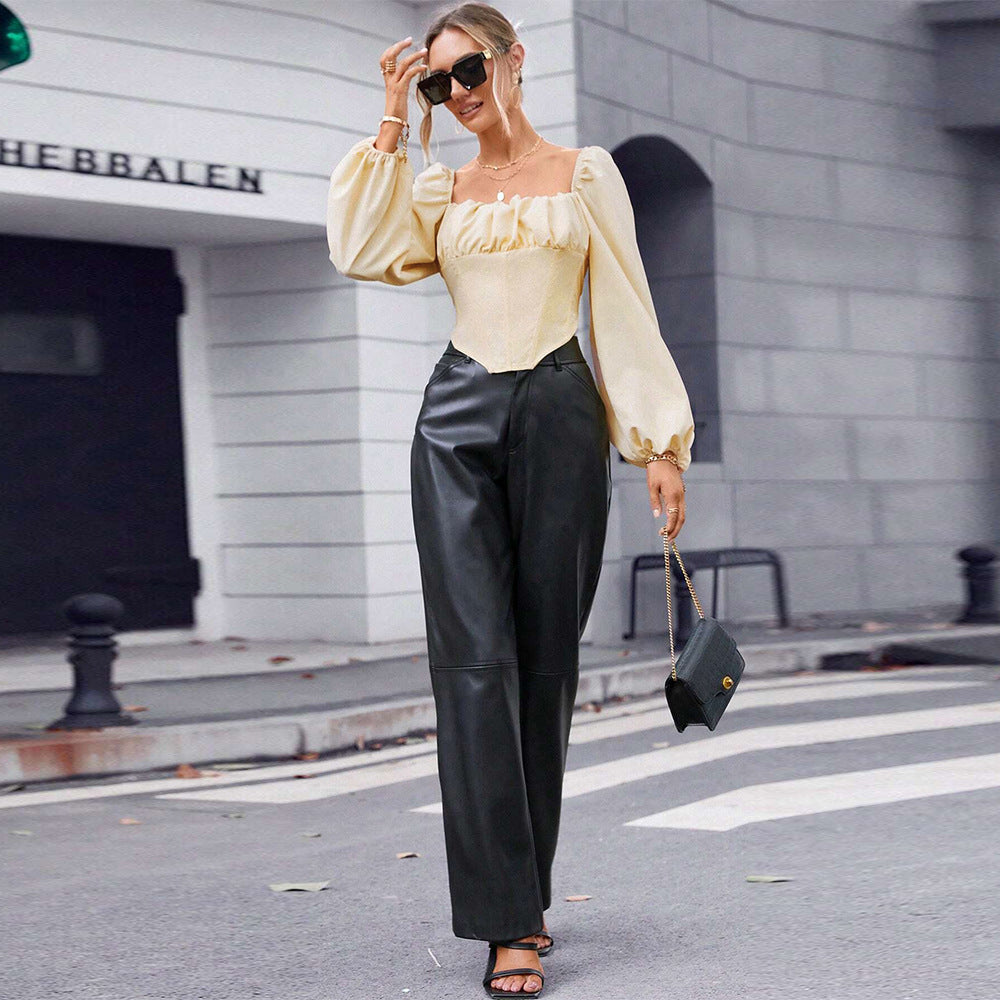 Damen Spitzenbluse Puffärmel Tailliert Weiß