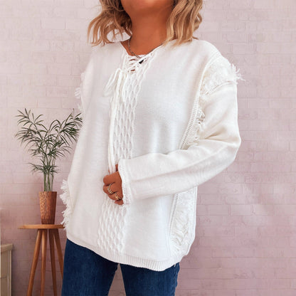 Damen Grobstrickpullover Lässige Fransen Zopfdesign Beige