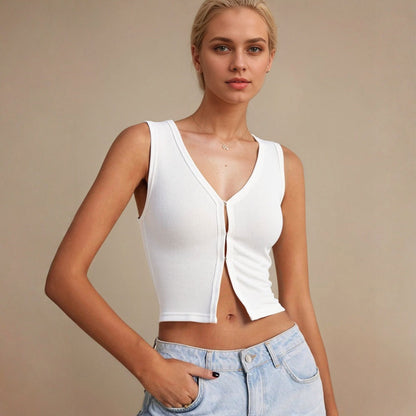 Damen Cropped V-Ausschnitt Dekorativer Knopfdesign Schwarz - Eveloria