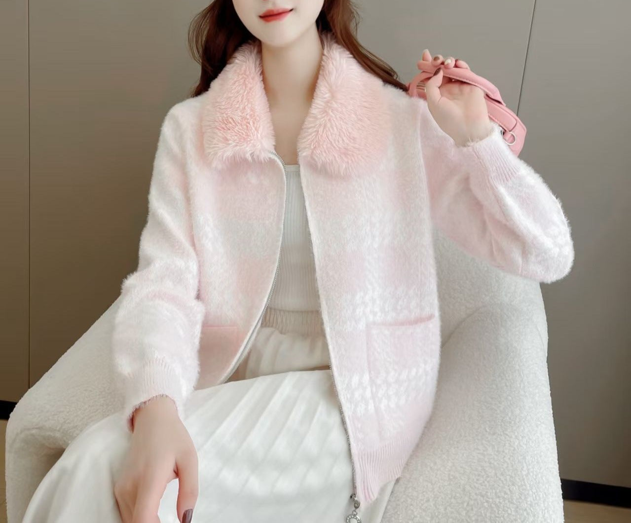 Damen Strickjacke mit Kunstfellkragen Eveloria