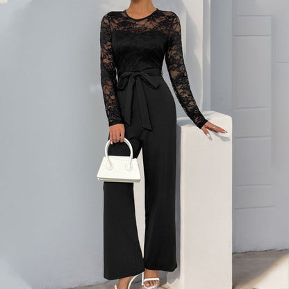 Damen Jumpsuit Spitzenoberteil Taillengürtel Eveloria