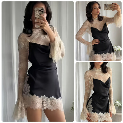 Damen Abendkleid Chiffon mit Spitzendetails und schwingenden Ärmeln - Eveloria