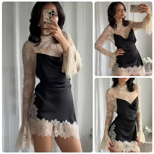 Damen Abendkleid Chiffon mit Spitzendetails und schwingenden Ärmeln - Eveloria