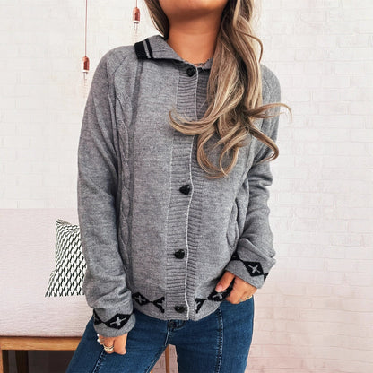 Damen Strickjacke Dekoratives Muster Knöpfe Beige