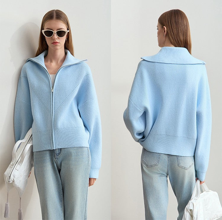 Damen Strickjacke Cropped mit Kapuze und Reißverschluss Schwarz - Eveloria
