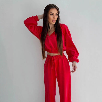 Damen Velours Freizeitanzug Cropped Oberteil Weites Bein