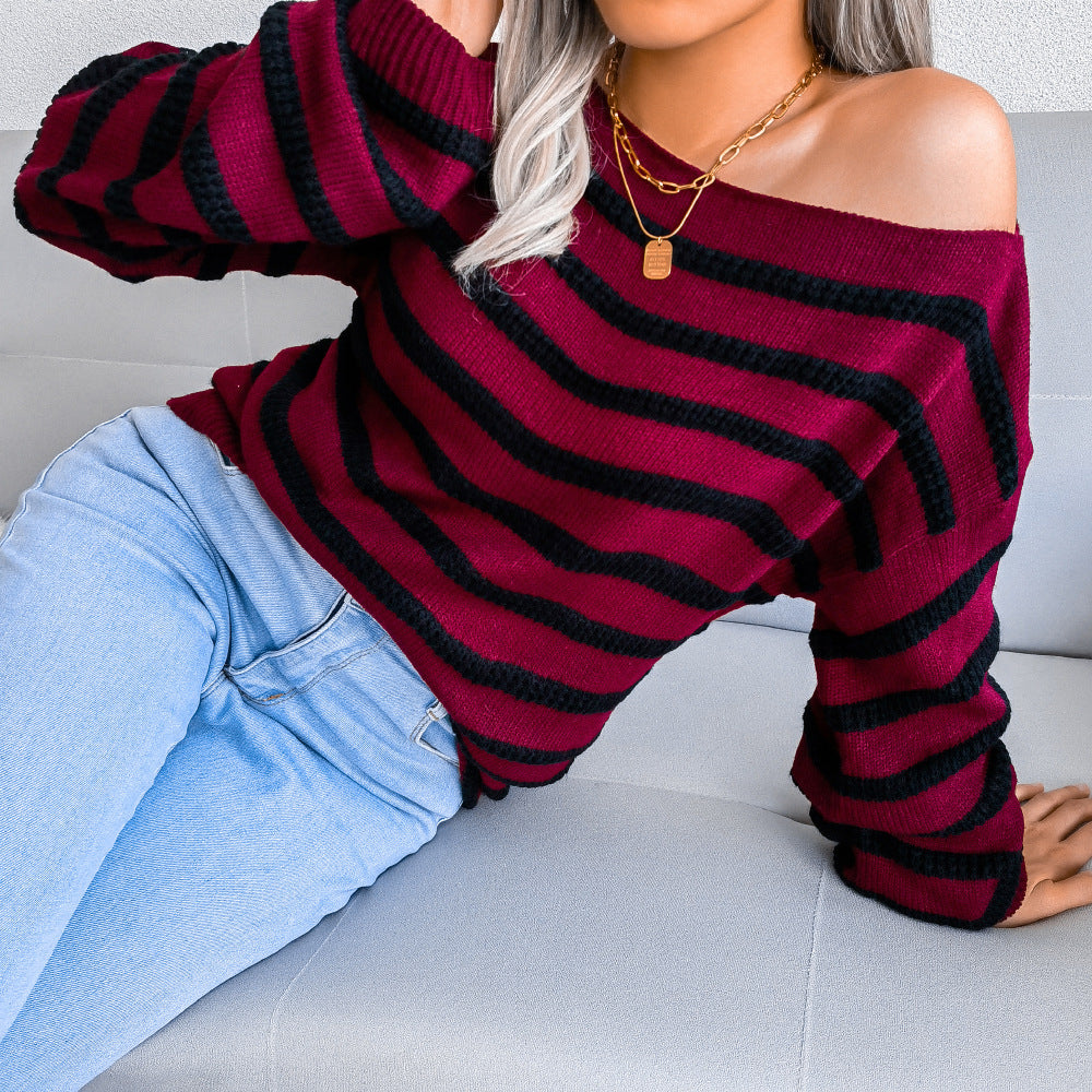 Damen Streifenpullover Off-Shoulder Lässiger Schnitt Eveloria