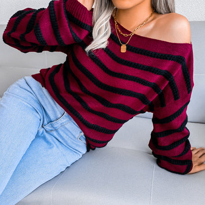 Damen Streifenpullover Off-Shoulder Lässiger Schnitt Eveloria