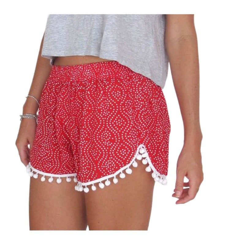 Damen Sommer Shorts Wellenmuster Pompon Detail Blau