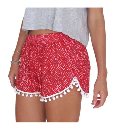 Damen Sommer Shorts Wellenmuster Pompon Detail Blau