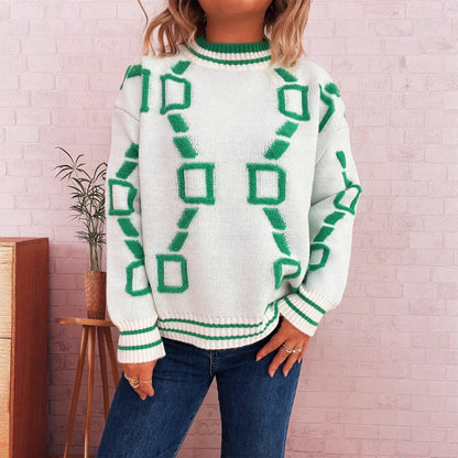 Damen Strickpullover Geometrisches Muster Bequem Grau