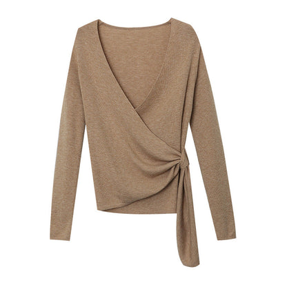 Damen Wickelpullover Weiches Strick V-Ausschnitt Beige