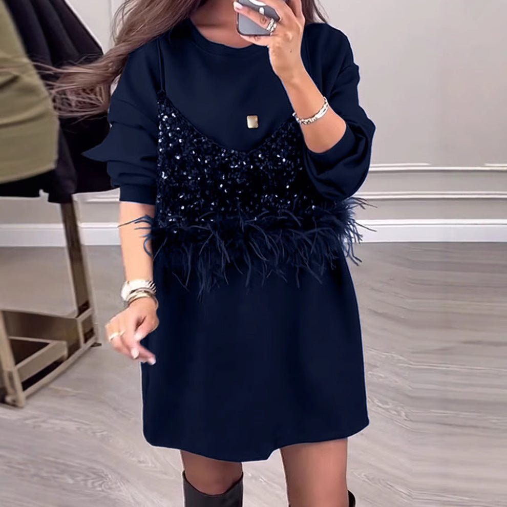 Damen Sweatkleid mit Pailletten und Federn