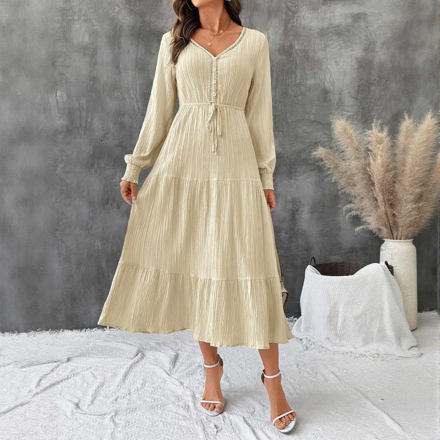 Damen Midi-Kleid Elastisch Taillenzug Schleppe Eveloria