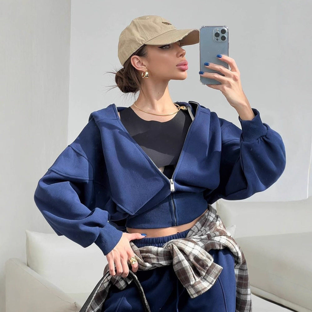 Damen Freizeit-Set Cropped Kapuzenjacke Weite Hose Eveloria