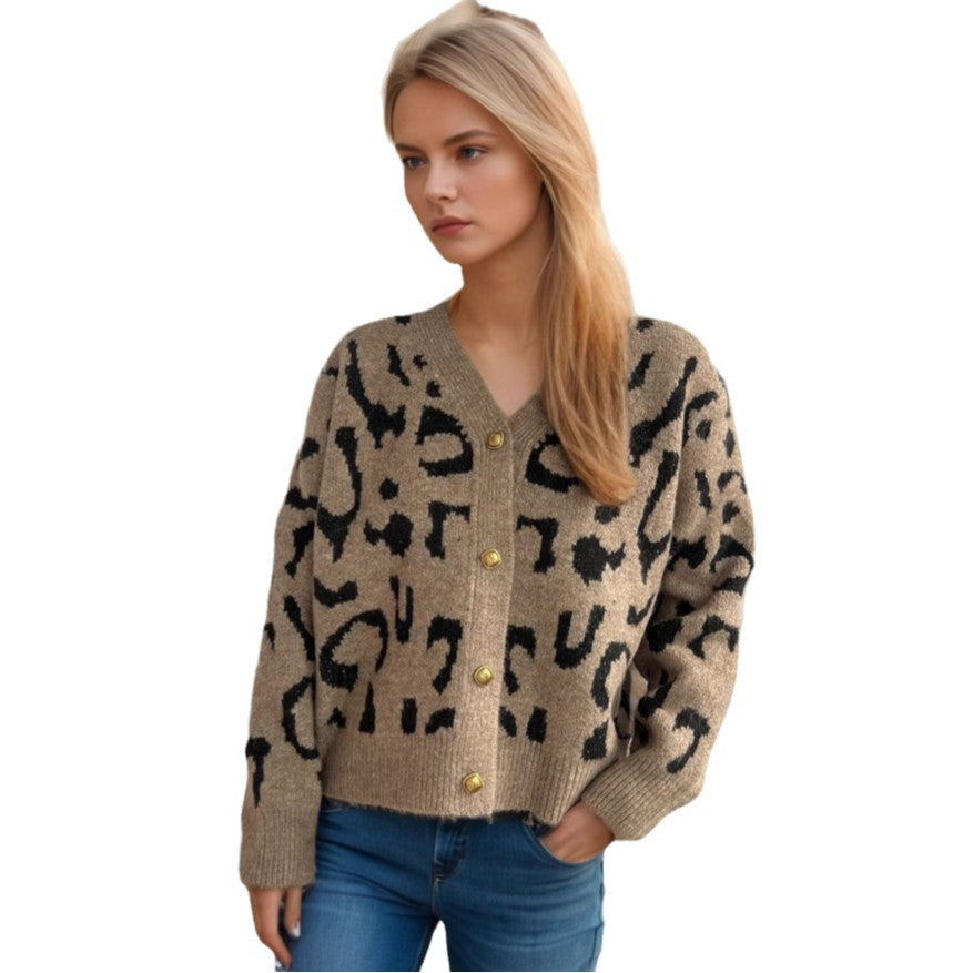Damen Strickjacke Animalmuster Goldknöpfe Beige