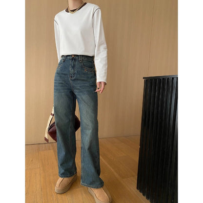 Damen Highwaist Jeans Weites Bein Lässiger Schnitt Eveloria