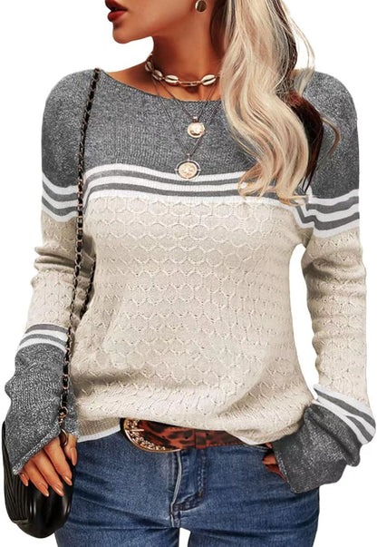 Damen Strickpullover Kontrastfarben Einzigartige Textur Grau
