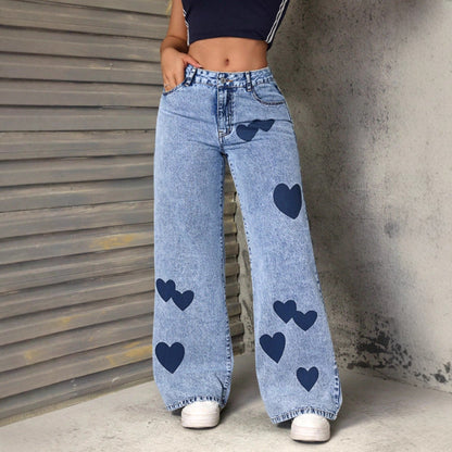 Damen Weite Jeans Herzen-Applikationen Eveloria