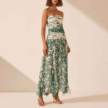 Damen Maxikleid Schulterfrei Rüschen Floral
