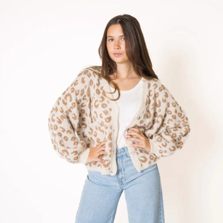 Damen Strickjacke Leopardenmuster Offenem Strukturdesign