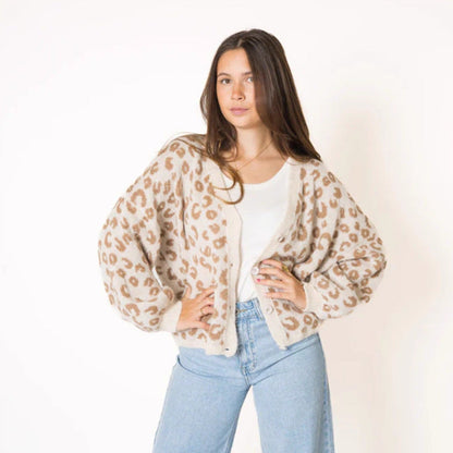 Damen Strickjacke Leopardenmuster Offenem Strukturdesign