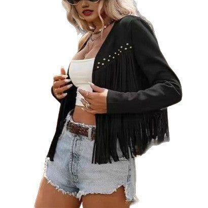 Damen Fransenjacke Nieten Leder Eveloria