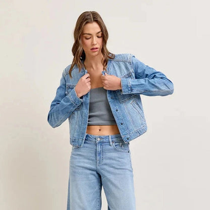 Damen Jeansjacke Cropped Schnitt Praktische Taschen Blau Eveloria