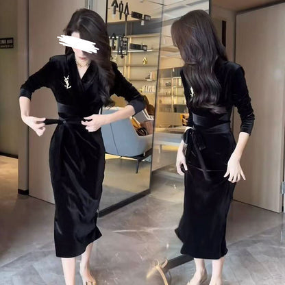Damen Langarmkleid Wickeldesign Rüschensaum Eveloria