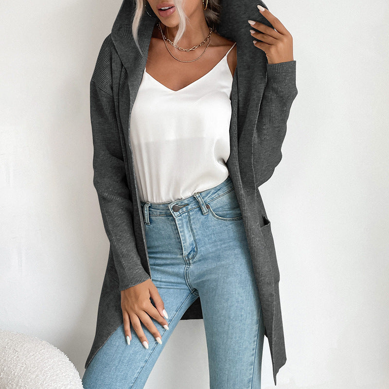 Damen Strickcardigan Lässig Hoher Kragen Offene Vorderseite Beige