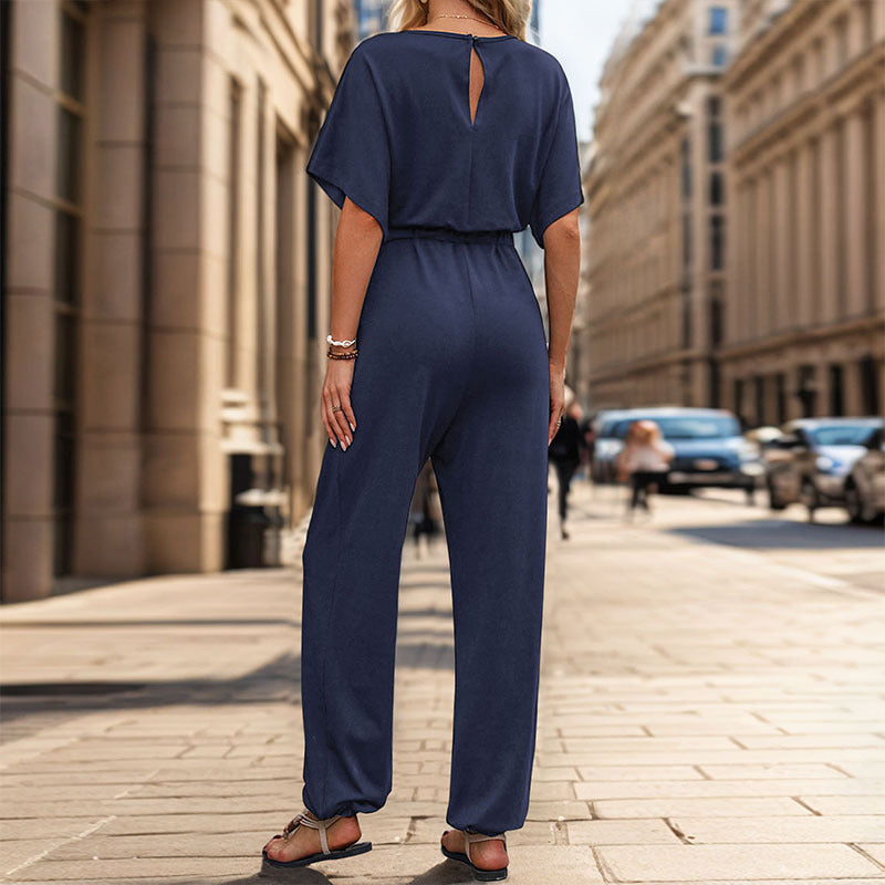Damen Jumpsuit Weites Bein Komfort Gürtel Eveloria