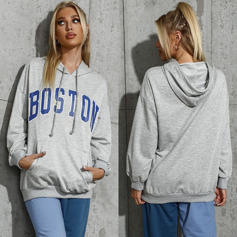 Damen Oversized Kapuzenpullover mit Schriftzug Bequem Grau