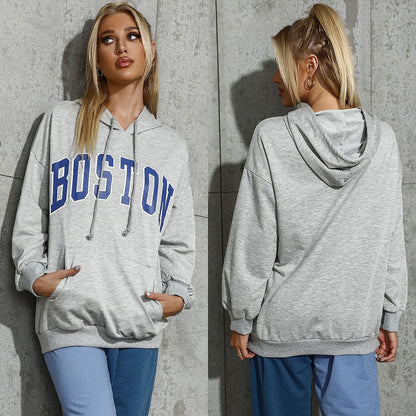 Damen Oversized Kapuzenpullover mit Schriftzug Bequem Grau