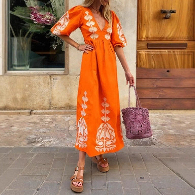 Damen Midikleid Florales Stickdesign Luftige Puffärmel
