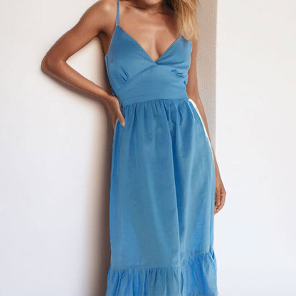Damen Midikleid V-Ausschnitt Rüschensaum Elegantes Kleid